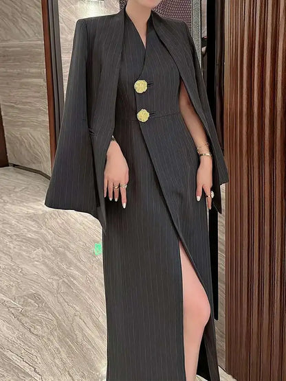 BZVW Women's 2 Pieces Sets Fashion Striped Suit Jacket V-neck Sleeveless Single Breasted Slit Dress Autumn 2025 New 5R5493