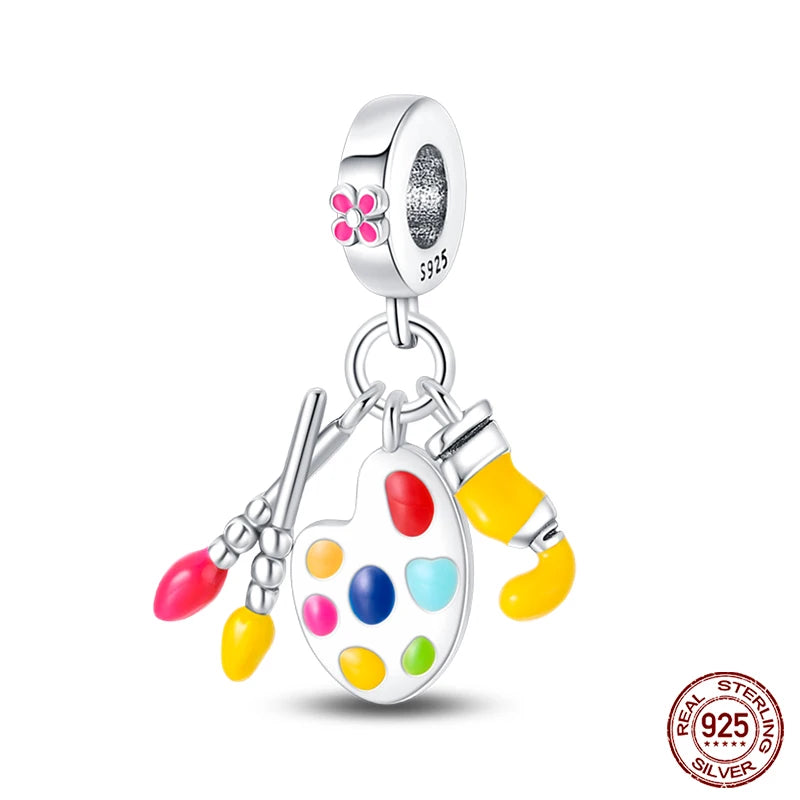 925 Sterling Silver Artist Brush Tools Color Palette Oil Painting Charms Beads Fit Qikaola Original Bracelets DIY Jewelry Gifts