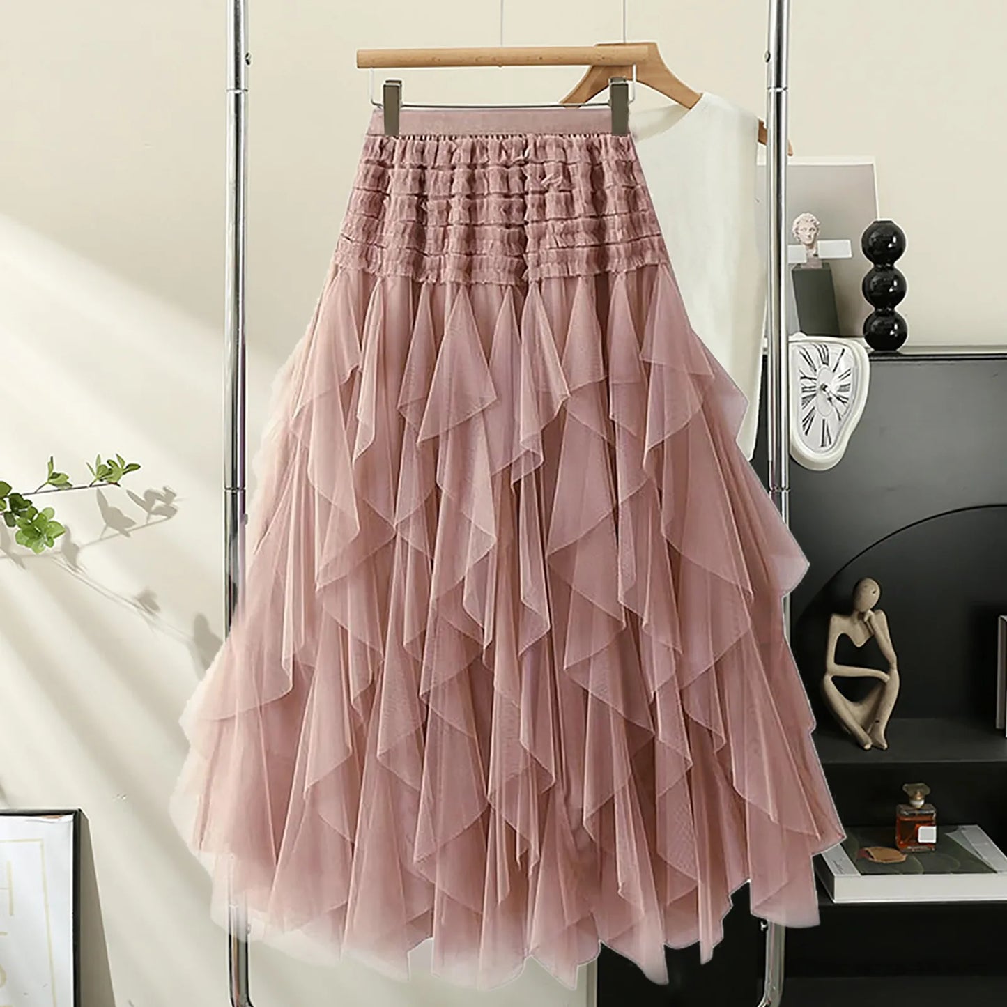 Tulle Skirts For Women High Elastic Waist Multi Layered Tulle Mesh Patchwork Long Fairy Skirt Plain Big Swing A Line Skirts
