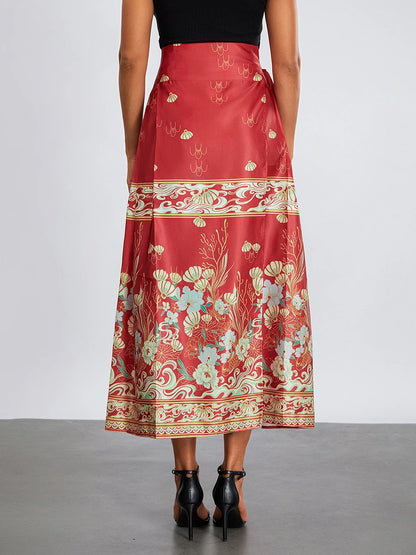 Women s Horse Face Skirt Elegant Phoenix Character Flower Print Pleated Tie Up A-Line Long Swing Skirt National Clothing