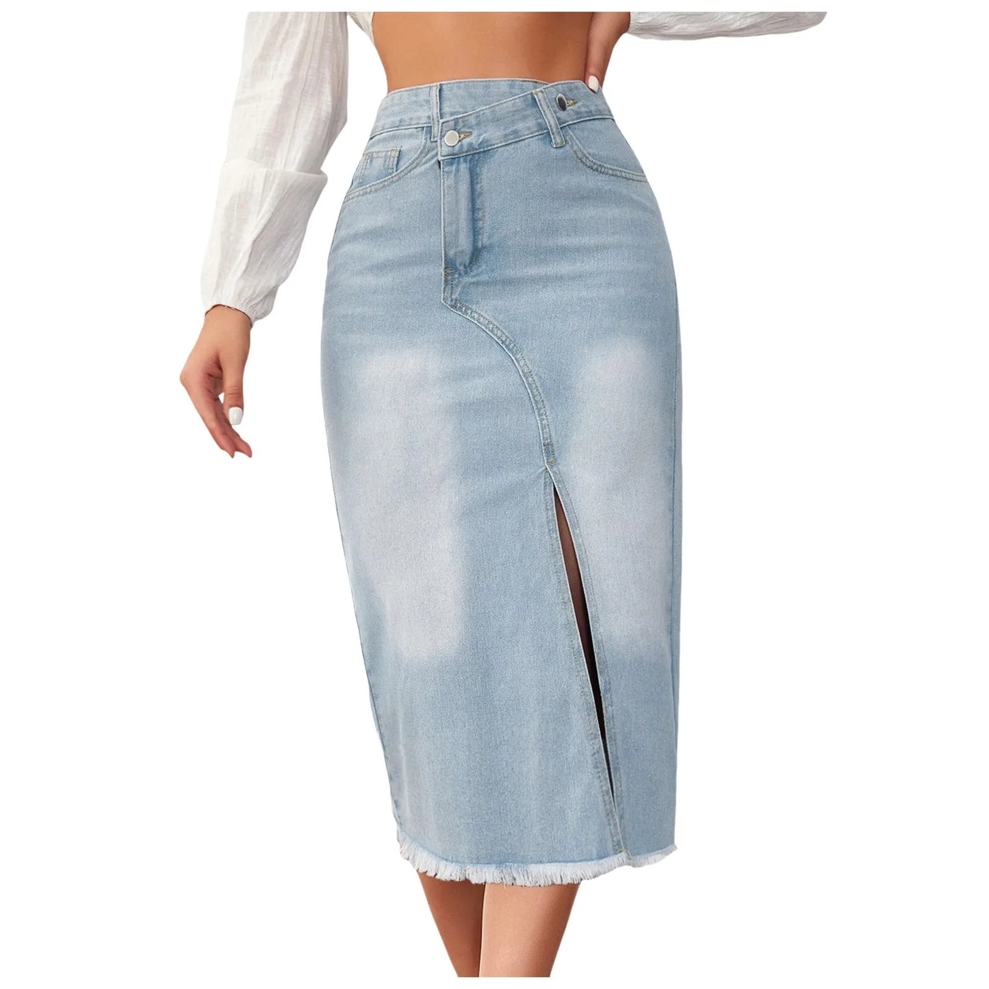 Women Mid Length Jean Skirt With Pockets High Waist Front Split Bodycon Striaght Skirts Women's Washed Light Color Jean Skirt