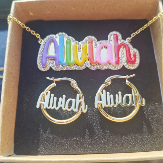LeeChee Enamel Colorful Custom Name Necklace 20mm Round Hoop Earrings Cute Jewelry Set Anniversary Gift