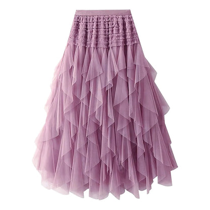 Tulle Skirts For Women High Elastic Waist Multi Layered Tulle Mesh Patchwork Long Fairy Skirt Plain Big Swing A Line Skirts