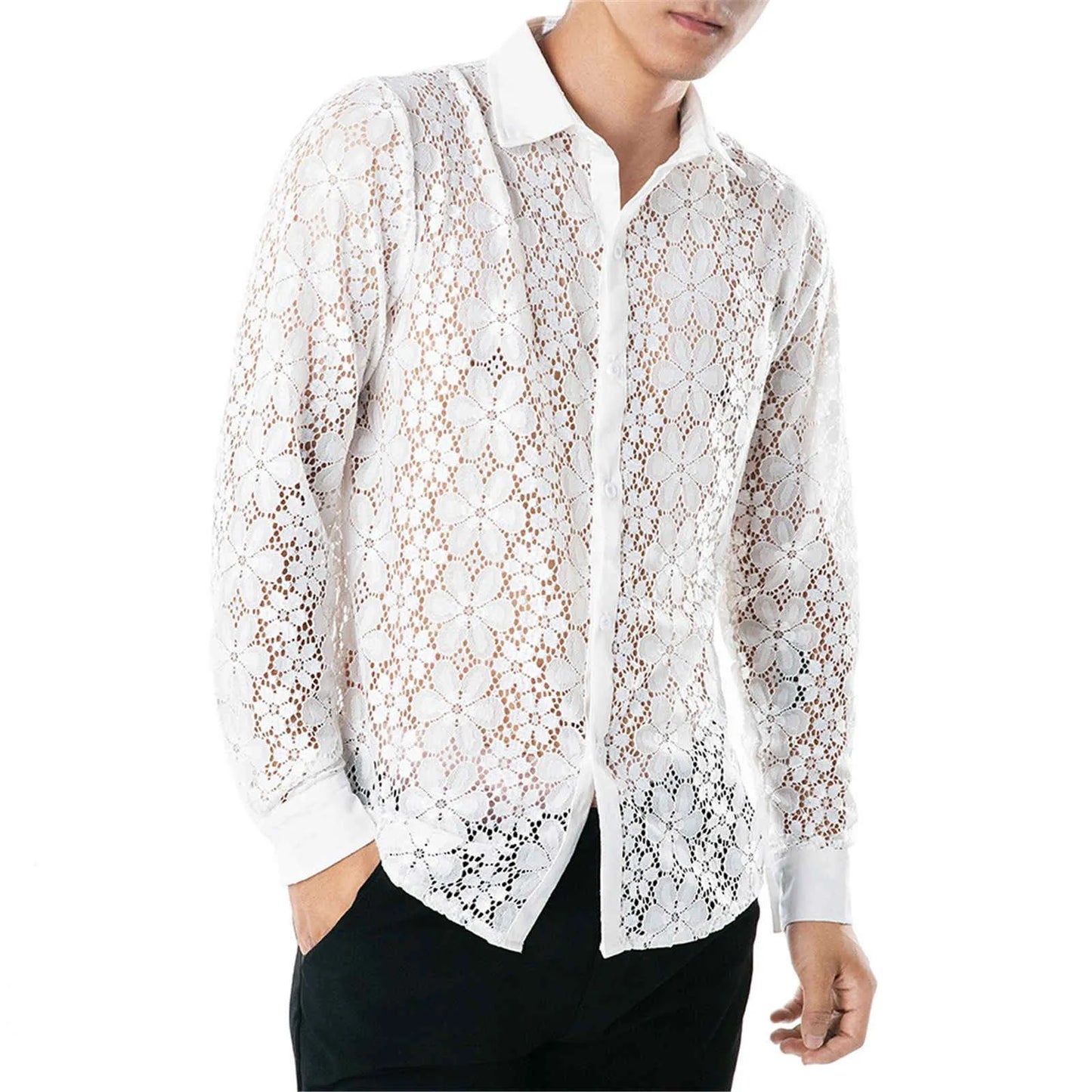 High Quality Men'S Shier Luxury Designer Pure Color Fashion Full Lace Club Men Clothing  Hollow Long Sleeves Lapel Shirt рубашка