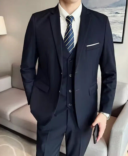 3pcs Men's Party Suit with Lapel Collar, Polyester And Viscose Blend, Skinny Fit, Solid Color, Long Sleeve, Button Front, Pants,