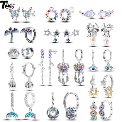 925 Sterling Silver Colorful Crystal Clover Hoop Earrings Stud Ear Wires For Women Wedding Engagement Girlfriend Birthday Gift