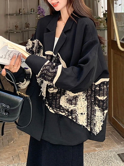 EAM Women Black Knit Spliced Big Size Irregular Blazer New Lapel Long Sleeve Jacket Fashion Tide Spring Autumn 2026 30A2521