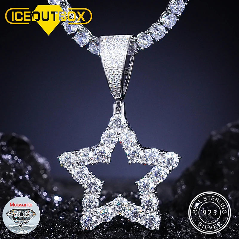925 Sterling Silver Fashion Personality Hollow Star Pendant Necklaces D Color VVS Moissanite Bling Hip Hop Iced Out Jewelry Gift