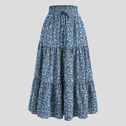 Women's Boho Floral Print Skirt Vintage High Waist Maxi Skirts Summer Casual Loose Beach Skirt Elegant Ladies Flowy Ruffle Skirt