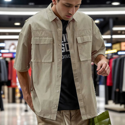 Summer Cargo Blouse Men'S Soild Shirt Pocket Lapel Short-Sleeved Shirts Casual Button Down Blouses For Men Thin Top