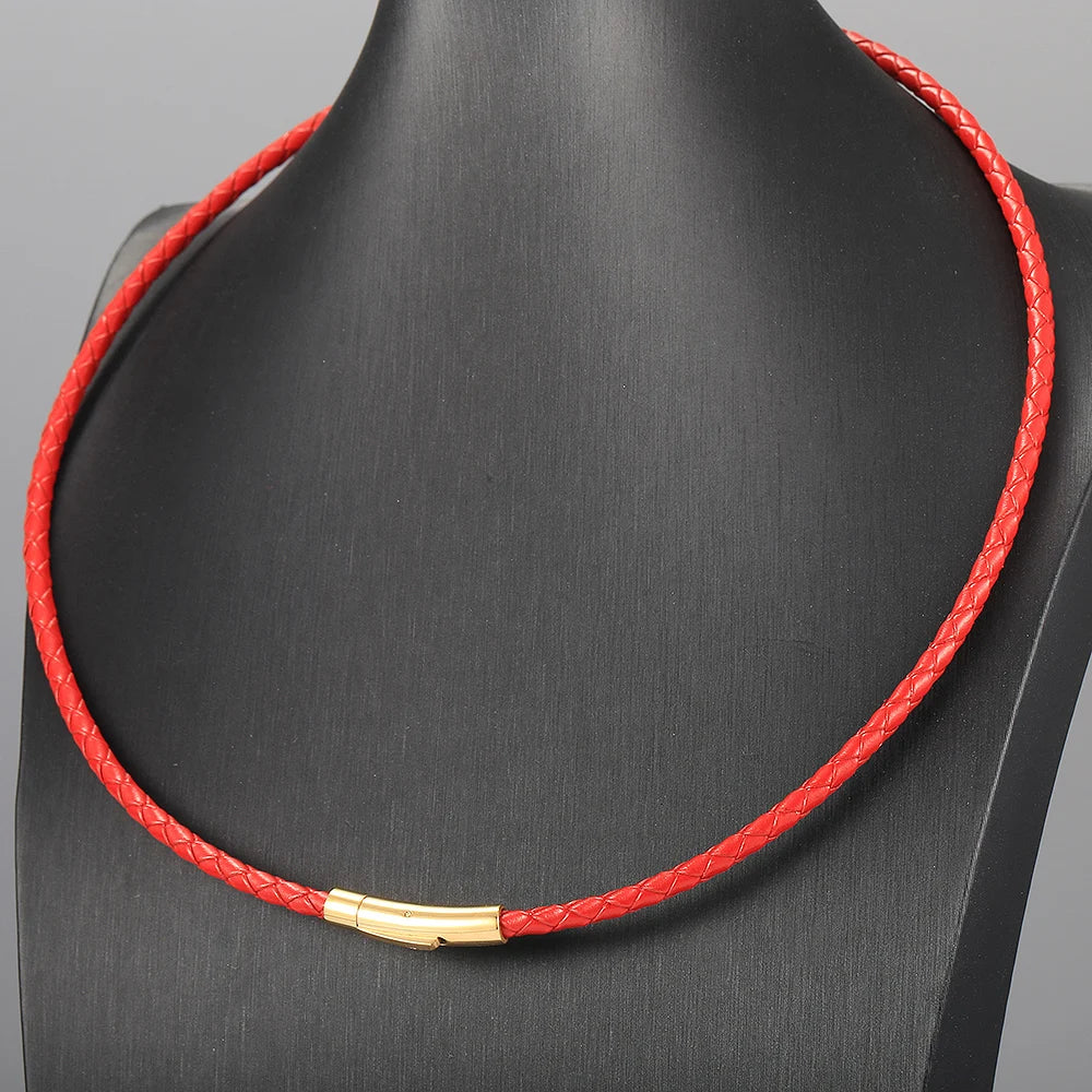 4mm/6mm Man-made Leather Necklace Choker For Men Boys Red Black Brown Braided Rope Chain Male Push Clasp Jewelry Gifts UN149