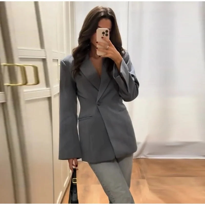 Elegant Black Slim Fit Blazer Jacket Women Retro Lapel Single Breasted Suit Jackets Female 2025 Chic Versatile Street Office