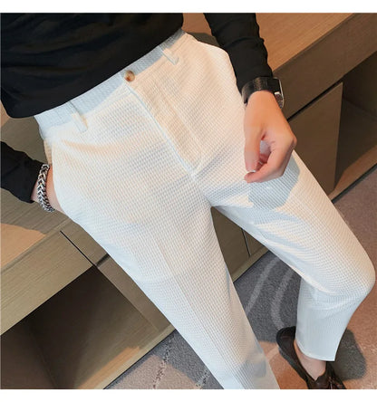 Fashion Business Casual Men's Pants Cropped Pants Waffle Pattern New Trend Spring Summer Casual Trousers Dark Green White 28-38