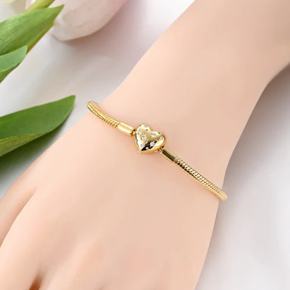 925 Sterling Silver Bracelets 17-20CM Original Golden Sparkling Heart Shaped Bracelet Fit DIY Charms Beads Fashion Women Jewelry