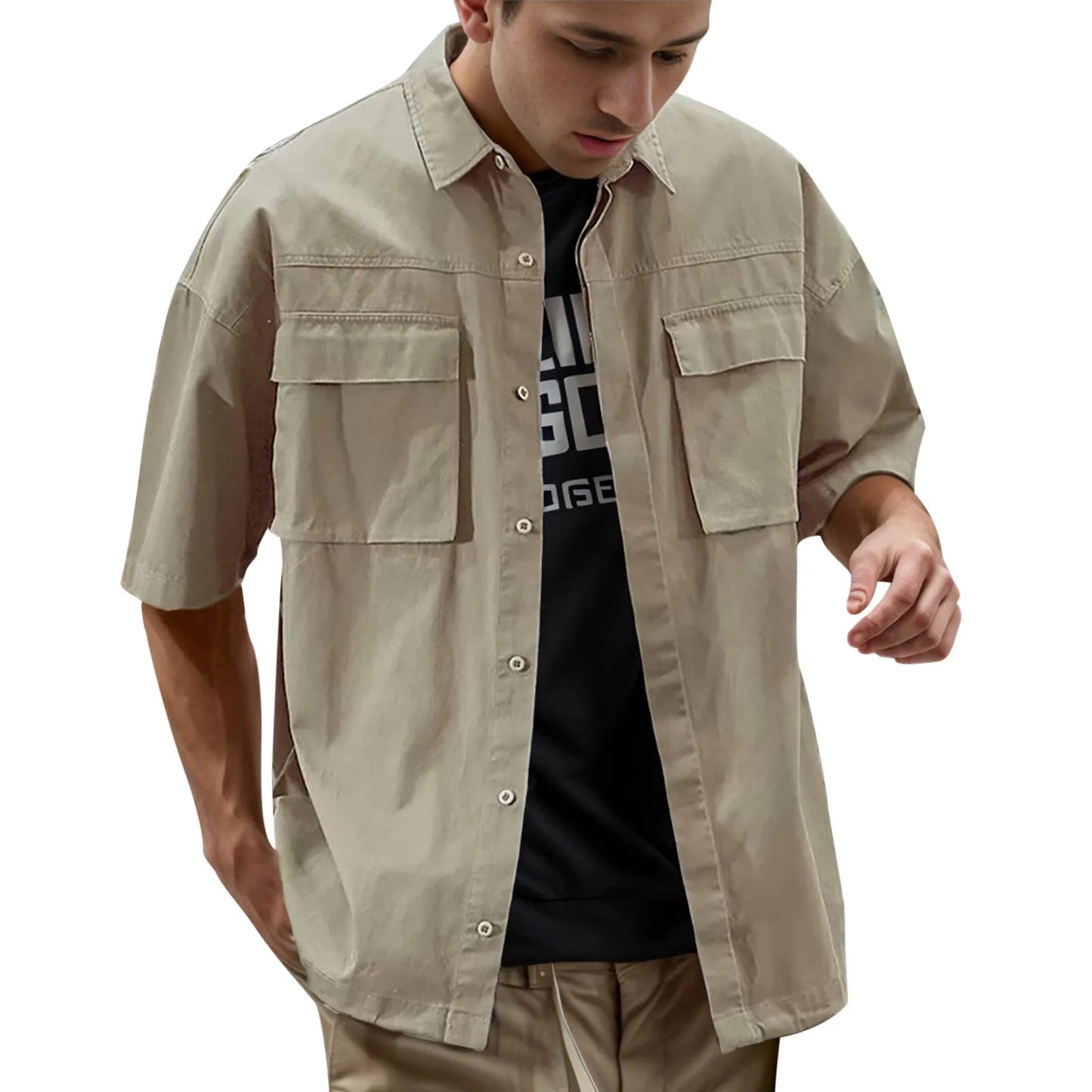 Summer Cargo Blouse Men'S Soild Shirt Pocket Lapel Short-Sleeved Shirts Casual Button Down Blouses For Men Thin Top