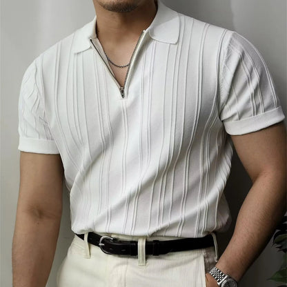 Korean Luxury Slim Soild Retro Tops Tees Clothes Knit Shirts Short Sleeve Quarter Zip Casual T Shirts Retro Camisas De Hombre