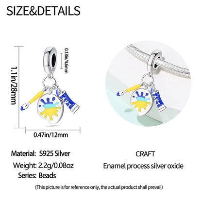 925 Sterling Silver Artist Brush Tools Color Palette Oil Painting Charms Beads Fit Qikaola Original Bracelets DIY Jewelry Gifts