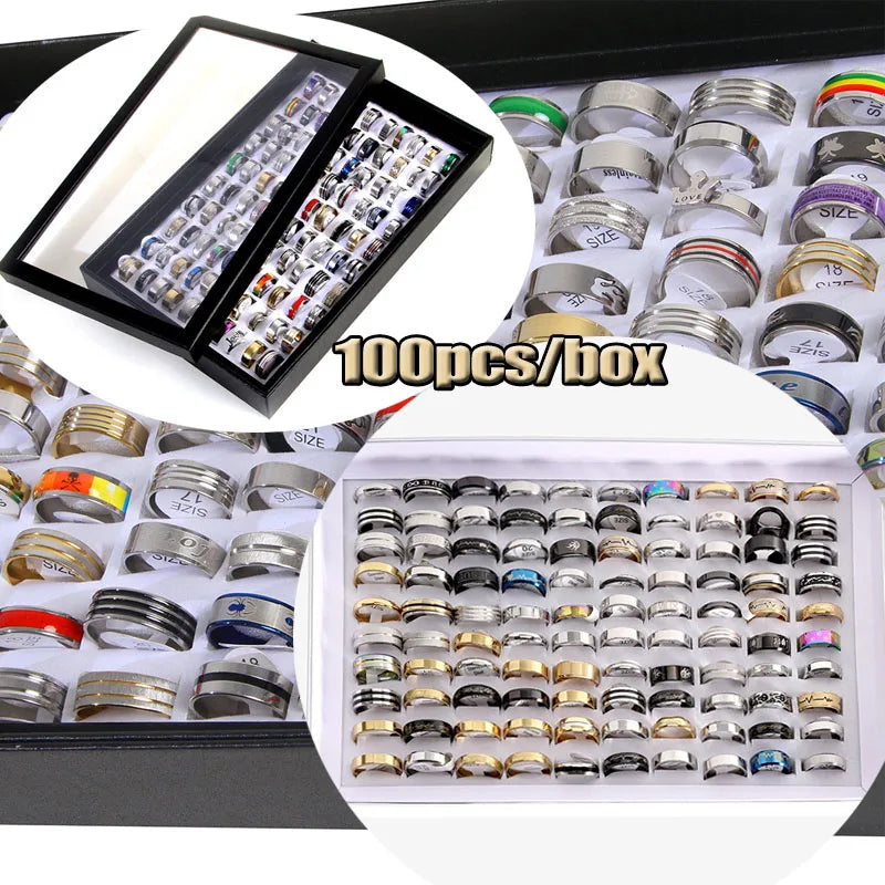 Wholesale 100 Pcs/box Fashion Stainless Steel Love Stripe Rings Punk Trendy Jewelry For Women Men Mix Style Size Party Gift