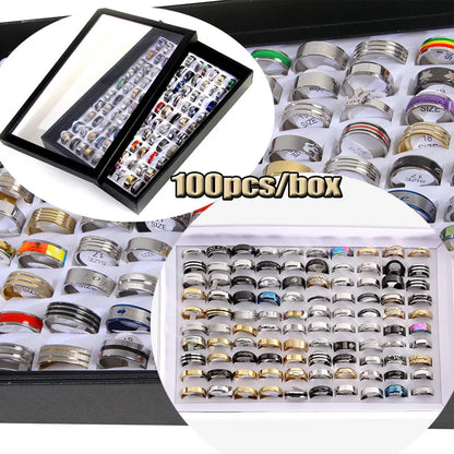 Wholesale 100 Pcs/box Fashion Stainless Steel Love Stripe Rings Punk Trendy Jewelry For Women Men Mix Style Size Party Gift