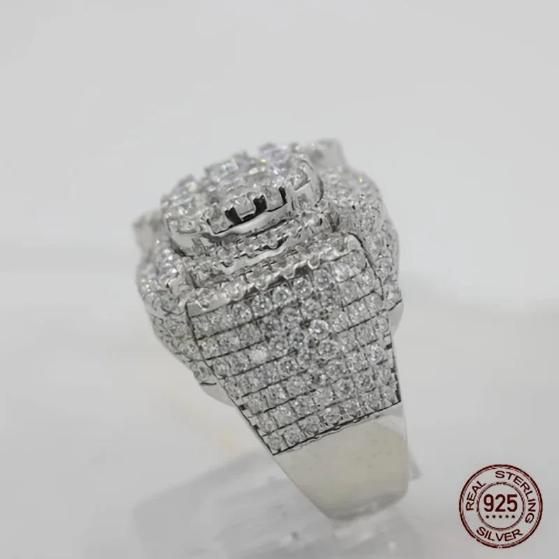 3Ct Men's 925 Sterling Silver Cluster Engagement Ring Luxury Platinum Plated Square Icy Out Hip Hop Rock Rings Jewelry
