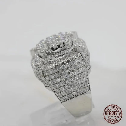 3Ct Men's 925 Sterling Silver Cluster Engagement Ring Luxury Platinum Plated Square Icy Out Hip Hop Rock Rings Jewelry