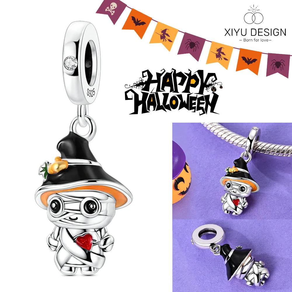 2025 New Halloween Charm Emit Light Bead 925 Sterling Silver Pumpkin Witch Skull Charm Fit Bracelet Pendant Women Jewelry Making