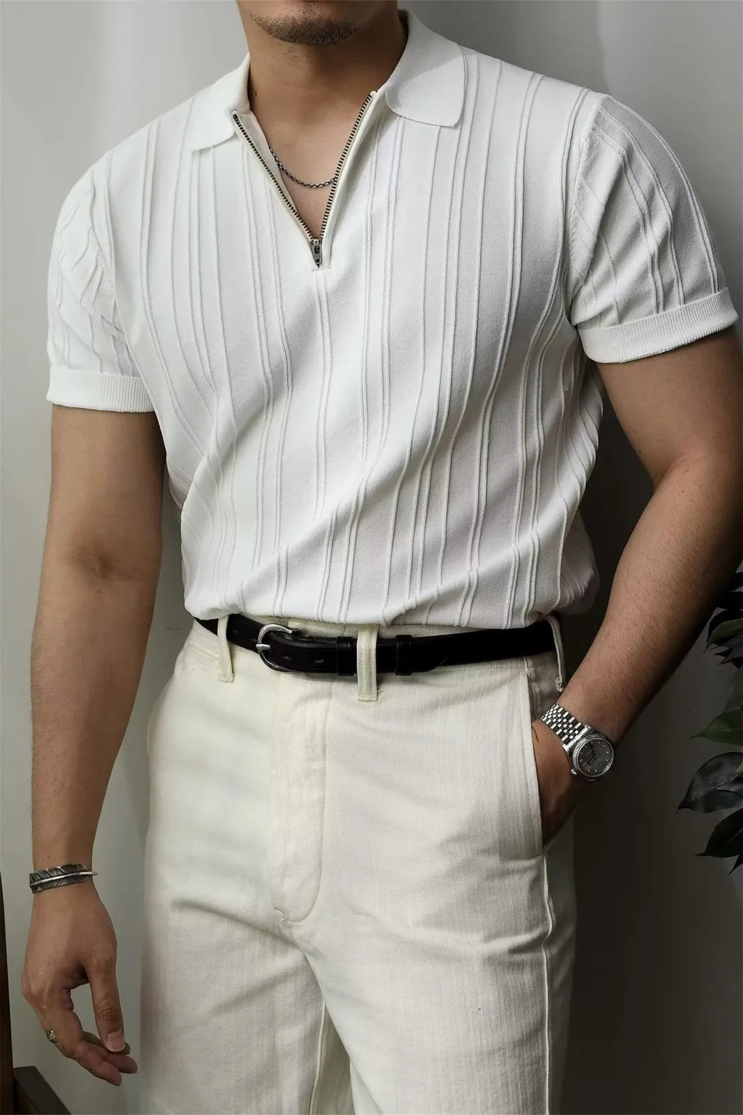 Korean Luxury Slim Soild Retro Tops Tees Clothes Knit Shirts Short Sleeve Quarter Zip Casual T Shirts Retro Camisas De Hombre