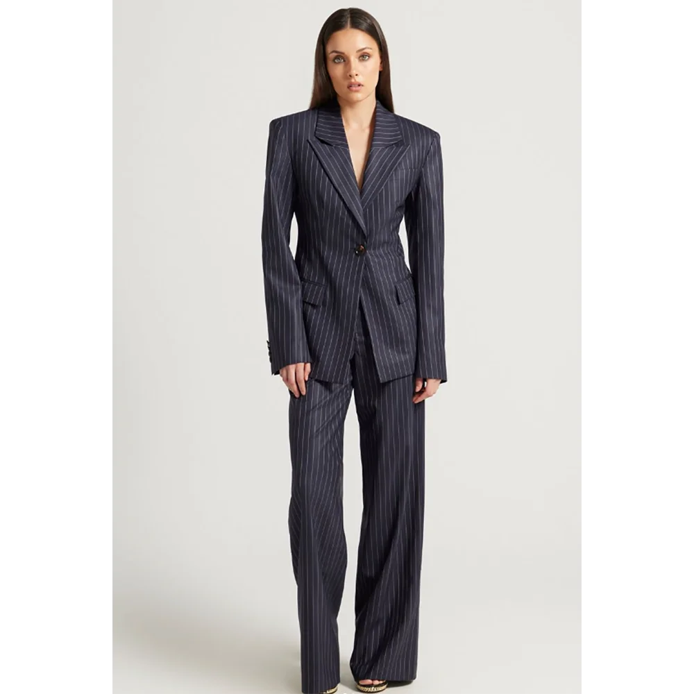 Tibetan Blue Stripe Single Button Women Pants Set High-end Female Two Pieces(Jacket+Trousers)أطقم بناطيل