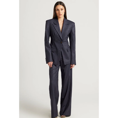 Tibetan Blue Stripe Single Button Women Pants Set High-end Female Two Pieces(Jacket+Trousers)أطقم بناطيل