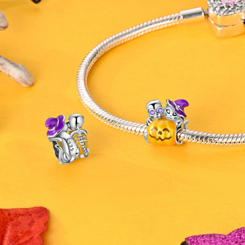 2025 New Halloween Charm Emit Light Bead 925 Sterling Silver Pumpkin Witch Skull Charm Fit Bracelet Pendant Women Jewelry Making