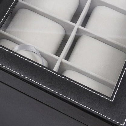 Bymaocar Black 3-Tier Drawer Jewelry Box, 12-Slot Watch Organizer W/ PU Leather & Metal Clasp, Eyeglass & Sunglass Storage Case