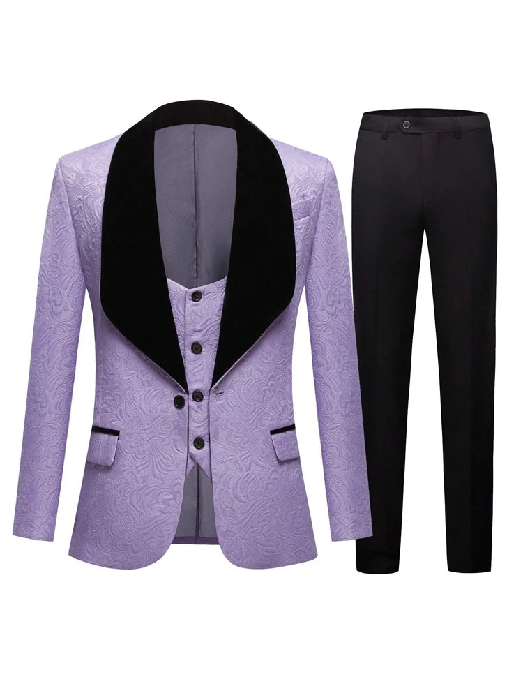 Men's three-piece floral jacquard slim-fitting suit set, including paisley pattern suit jacket, vest, and pants, suitable for ba