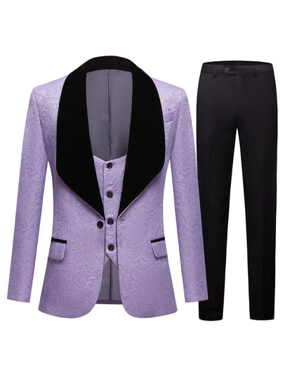 Men's three-piece floral jacquard slim-fitting suit set, including paisley pattern suit jacket, vest, and pants, suitable for ba