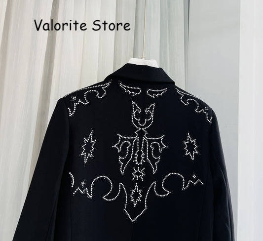 Woman Fashion Black Strass Rhinestone Decoration Long Sleeved Blazer Single Breasted Two Buttons High Quality Suit Tops 2025FW