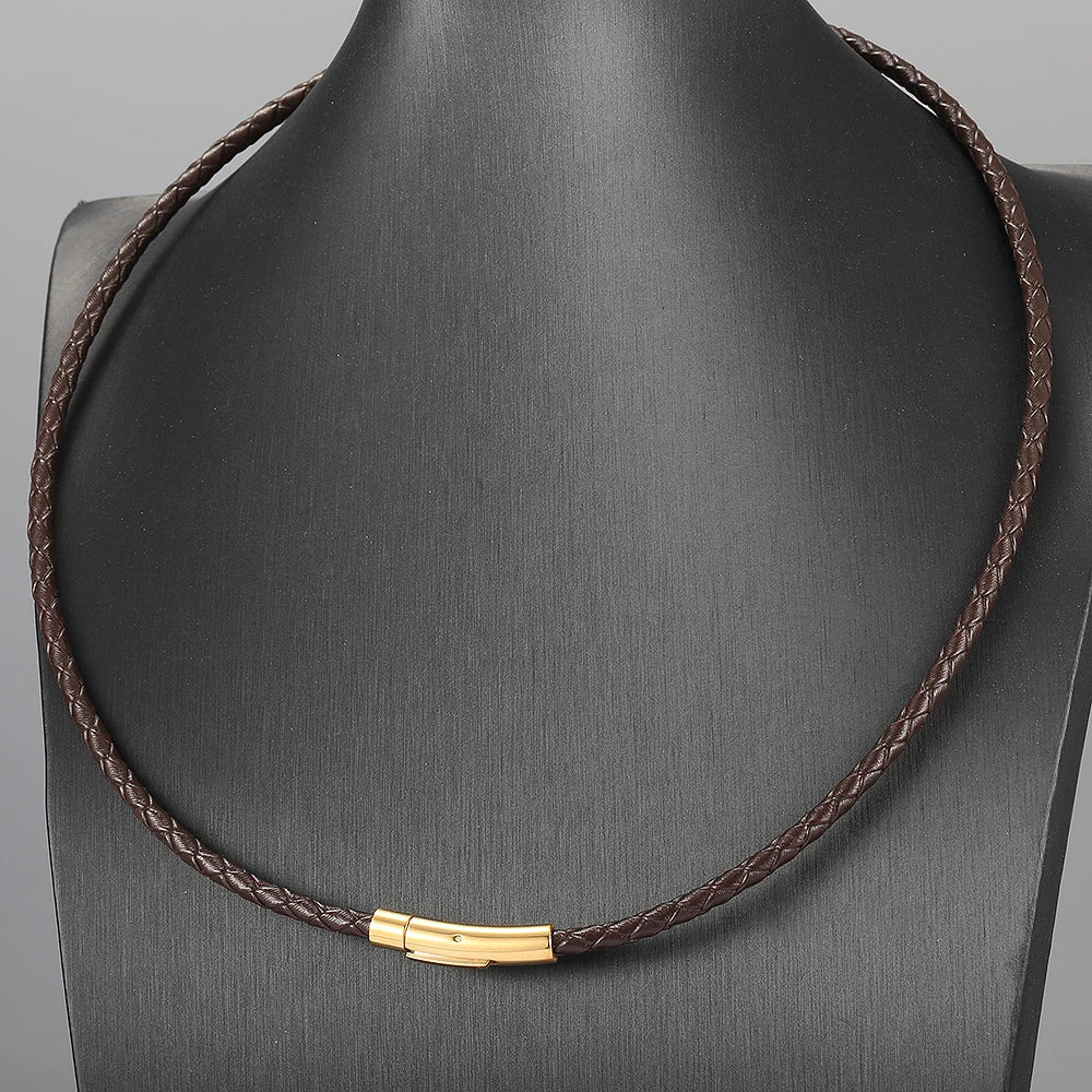 4mm/6mm Man-made Leather Necklace Choker For Men Boys Red Black Brown Braided Rope Chain Male Push Clasp Jewelry Gifts UN149