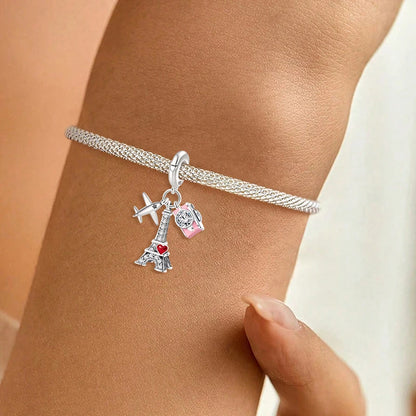 925 Sterling Silver Pink Luggage Rainbow Life Travel Charms Bead Diy Bracelet Bangle Making Gift Of High Quality Fine Jewelry