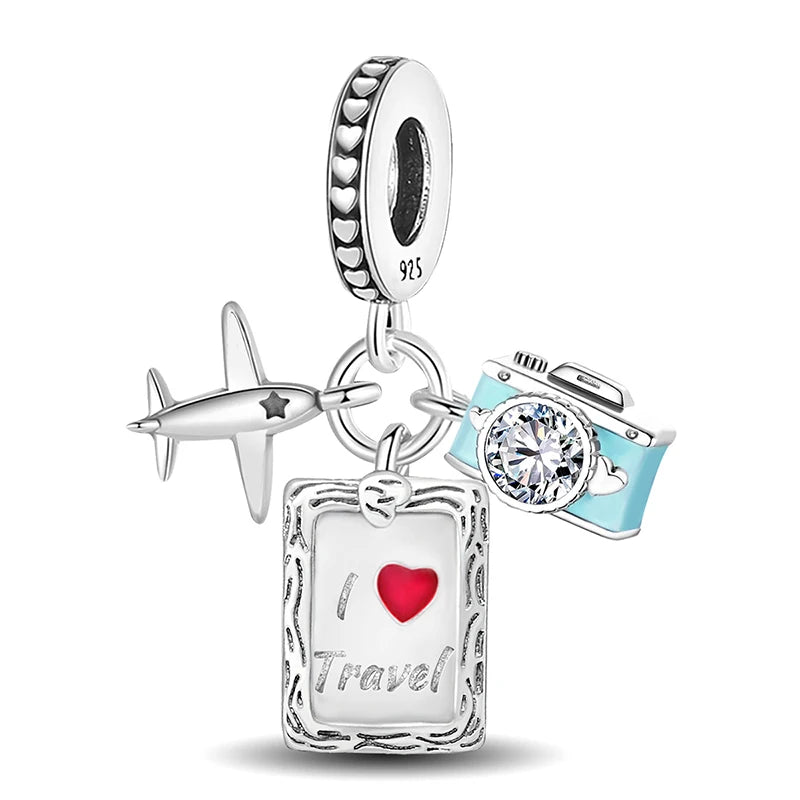 925 Sterling Silver Pink Luggage Rainbow Life Travel Charms Bead Diy Bracelet Bangle Making Gift Of High Quality Fine Jewelry