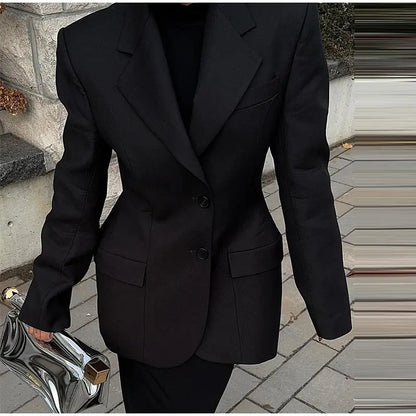 Elegant Black Slim Fit Blazer Jacket Women Retro Lapel Single Breasted Suit Jackets Female 2025 Chic Versatile Street Office
