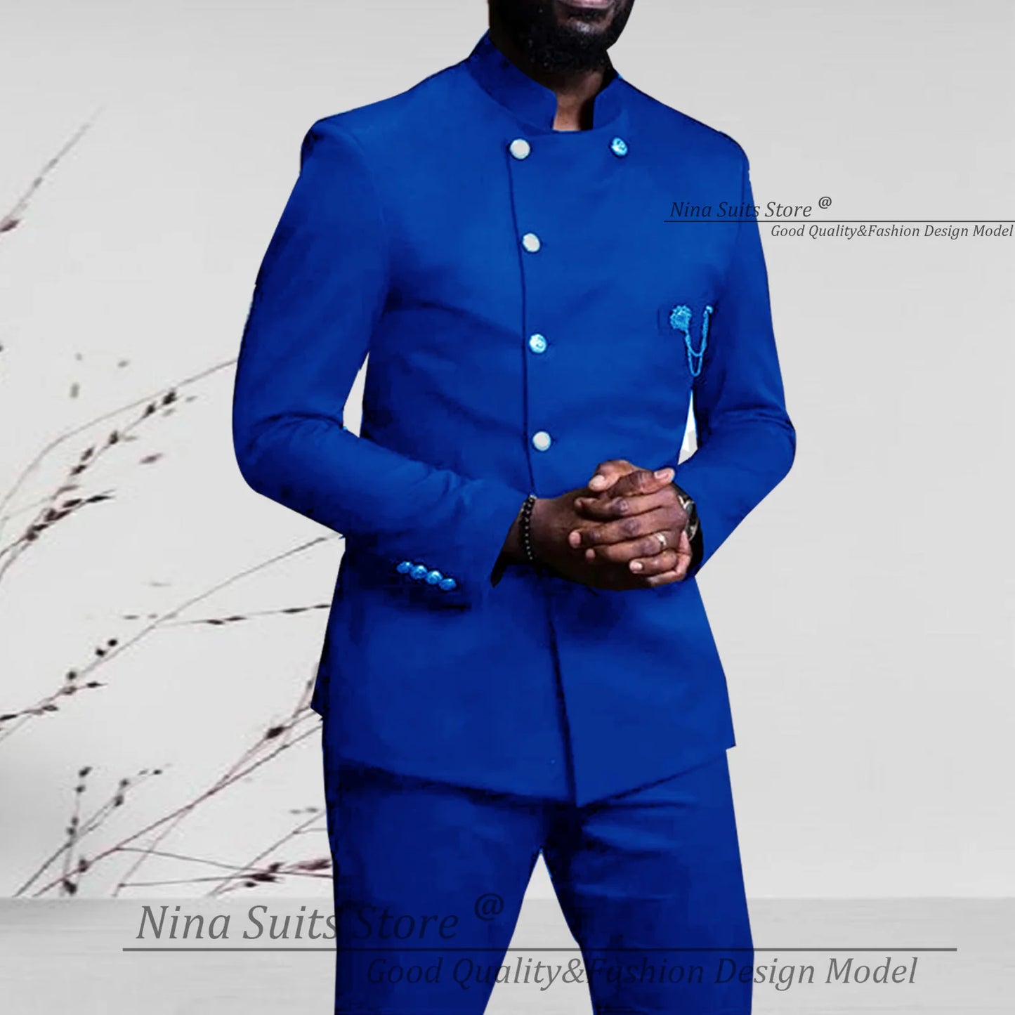 Nina Store 2025 Elegant African Style Men's Suit Stand Collar Royal Blue Blazer and Pants 2 Piece Casual Business Man Wear