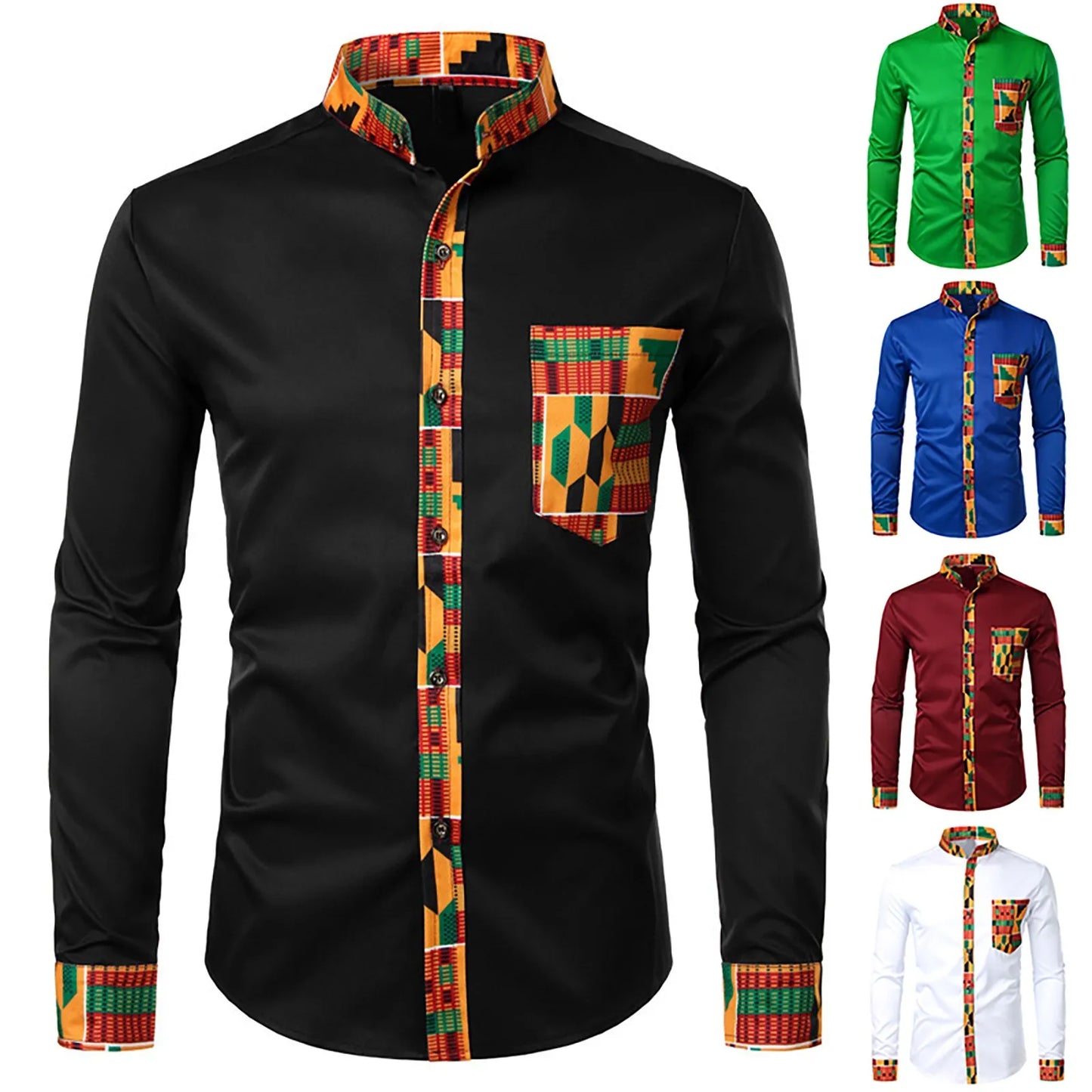 Men'S Shirts Men'S African Long Sleeve Printed Patchwork Design Button Up Shirt Seaside Vacation Casual Top Large Size