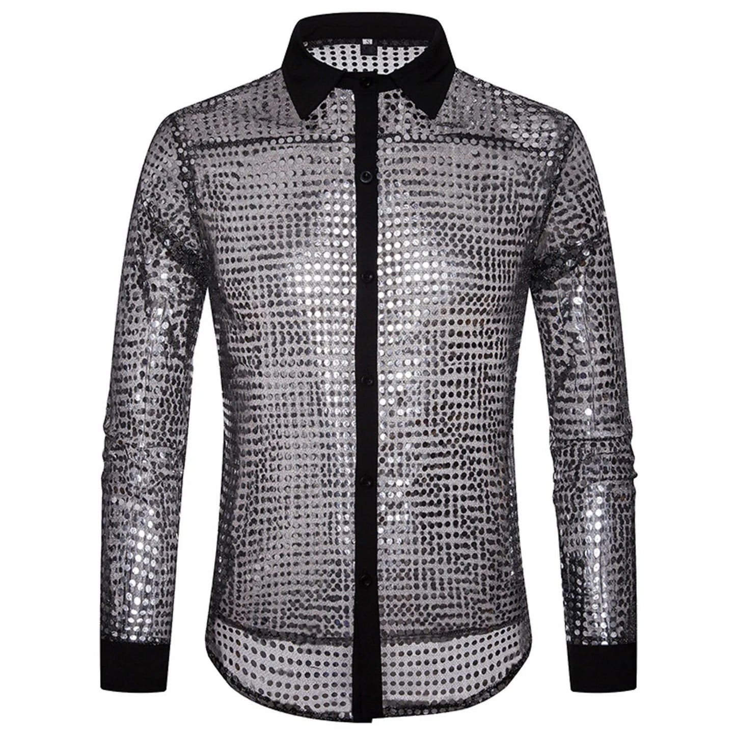 Glitter Sequin Shirt Men's Long Sleeved Performance Wear 70s Disco Lapel Neck Slimming Sparkle Compression Shirts With Button