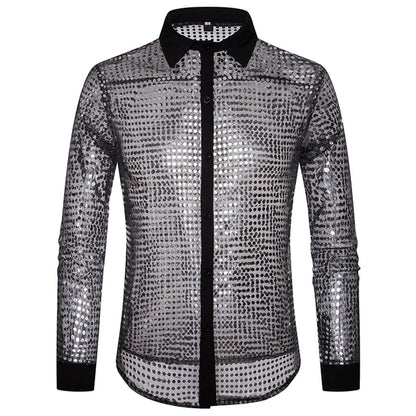 Glitter Sequin Shirt Men's Long Sleeved Performance Wear 70s Disco Lapel Neck Slimming Sparkle Compression Shirts With Button