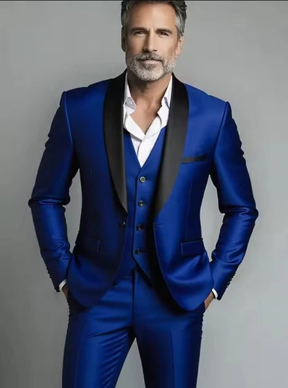 3pcs Men's Party Suit with Lapel Collar, Polyester And Viscose Blend, Skinny Fit, Solid Color, Long Sleeve, Button Front, Pants,