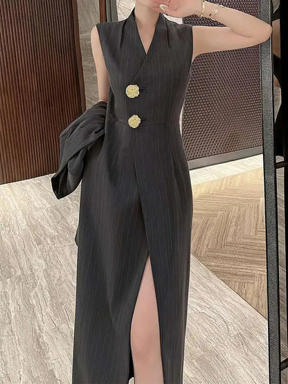 BZVW Women's 2 Pieces Sets Fashion Striped Suit Jacket V-neck Sleeveless Single Breasted Slit Dress Autumn 2025 New 5R5493