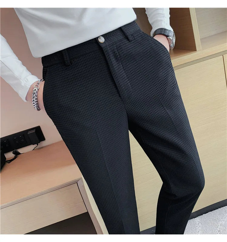 Fashion Business Casual Men's Pants Cropped Pants Waffle Pattern New Trend Spring Summer Casual Trousers Dark Green White 28-38
