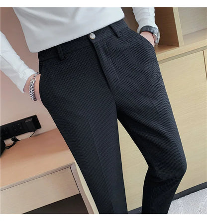 Fashion Business Casual Men's Pants Cropped Pants Waffle Pattern New Trend Spring Summer Casual Trousers Dark Green White 28-38