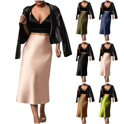 Luxury Elegant Silk Satin Skirt Women'S Solid Color Slim Fit Fishtail Skirts French Elegant High Waisted Pleated Long Skirt