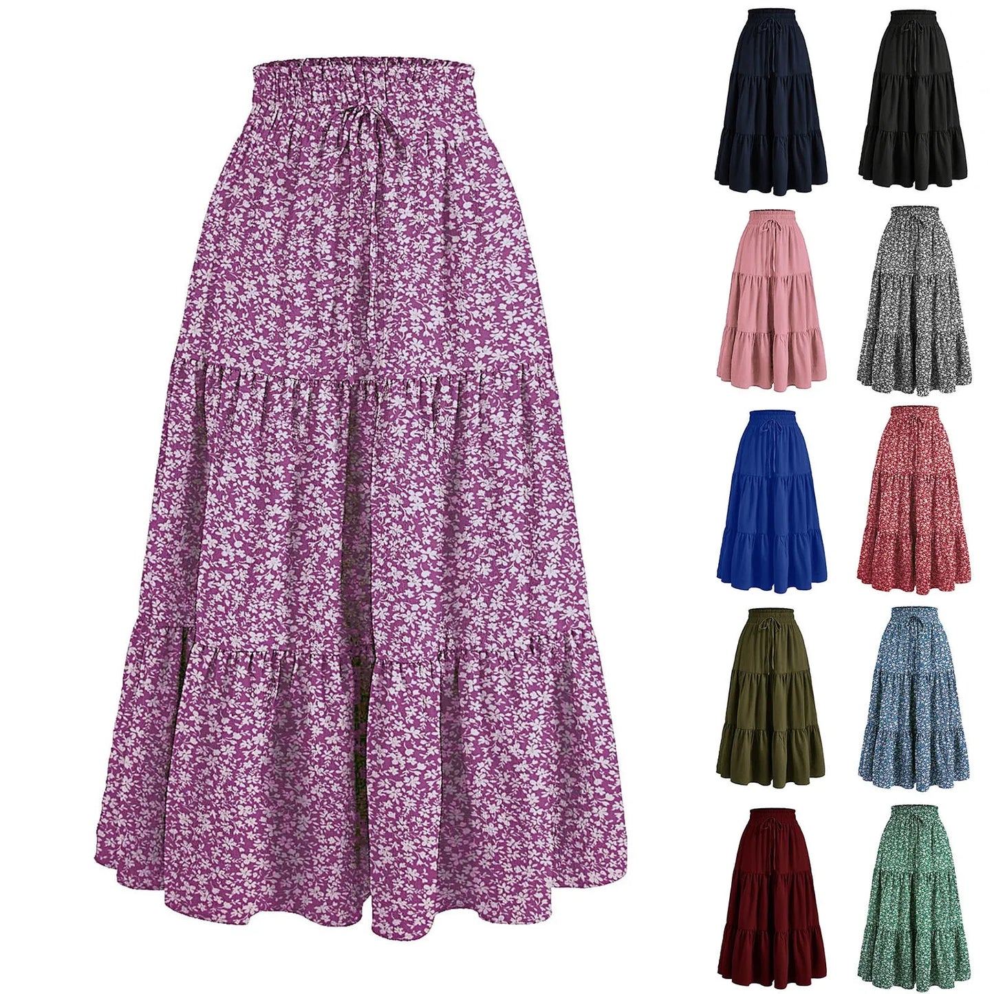 Women's Boho Floral Print Skirt Vintage High Waist Maxi Skirts Summer Casual Loose Beach Skirt Elegant Ladies Flowy Ruffle Skirt
