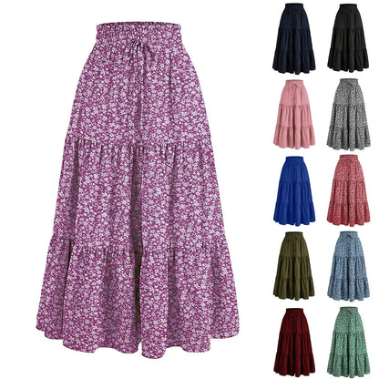 Women's Boho Floral Print Skirt Vintage High Waist Maxi Skirts Summer Casual Loose Beach Skirt Elegant Ladies Flowy Ruffle Skirt