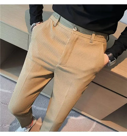 Fashion Business Casual Men's Pants Cropped Pants Waffle Pattern New Trend Spring Summer Casual Trousers Dark Green White 28-38
